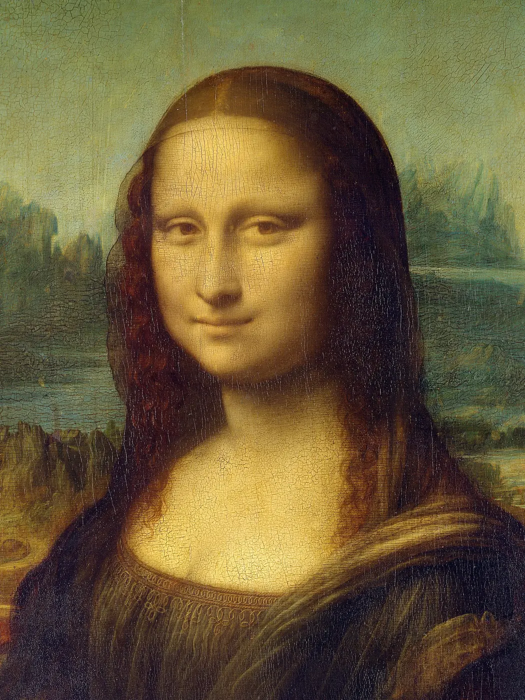 The face and upper body of the Mona Lisa, seen nearly head-on, without eyebrows