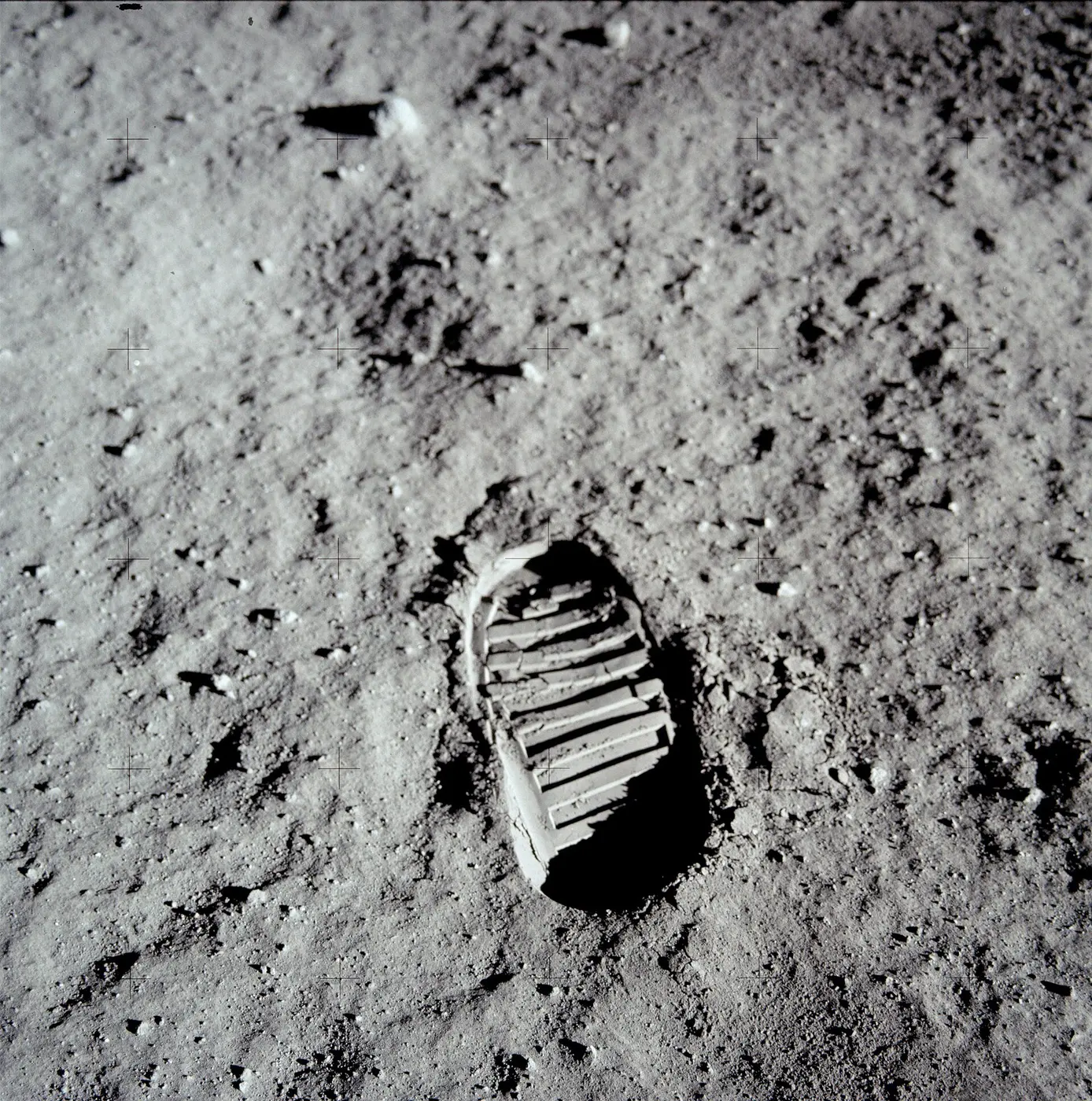 A bootprint with sharply defined horizontal ridges pressed into fine gray soil