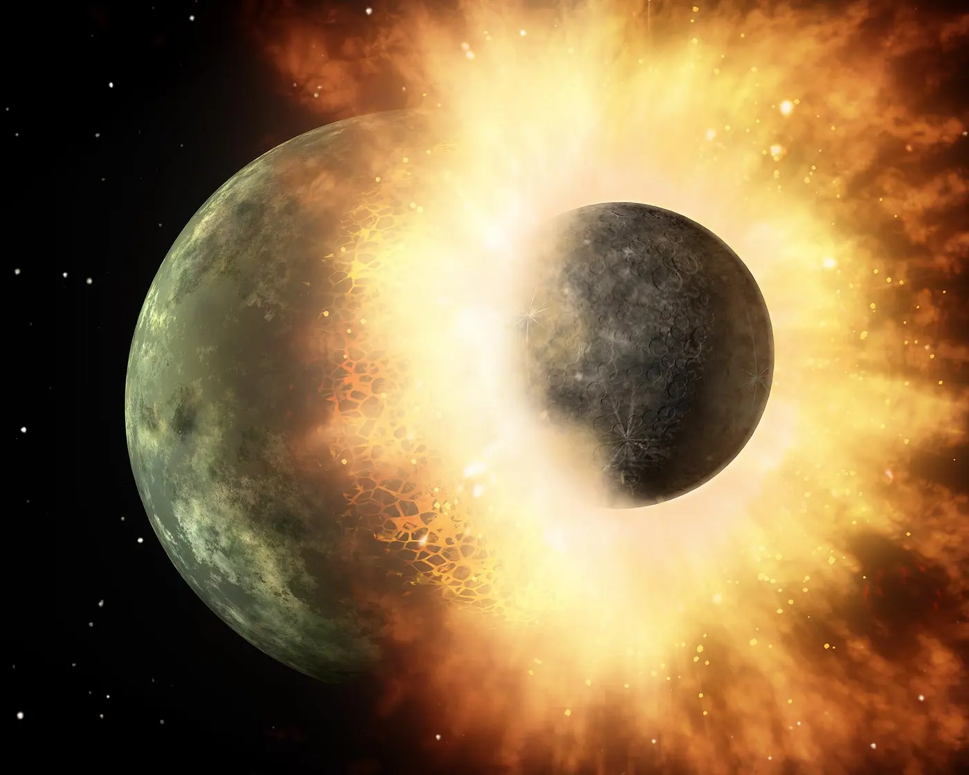 An artist’s illustration of two rocky bodies smashing together, with molten rock and debris flying outward