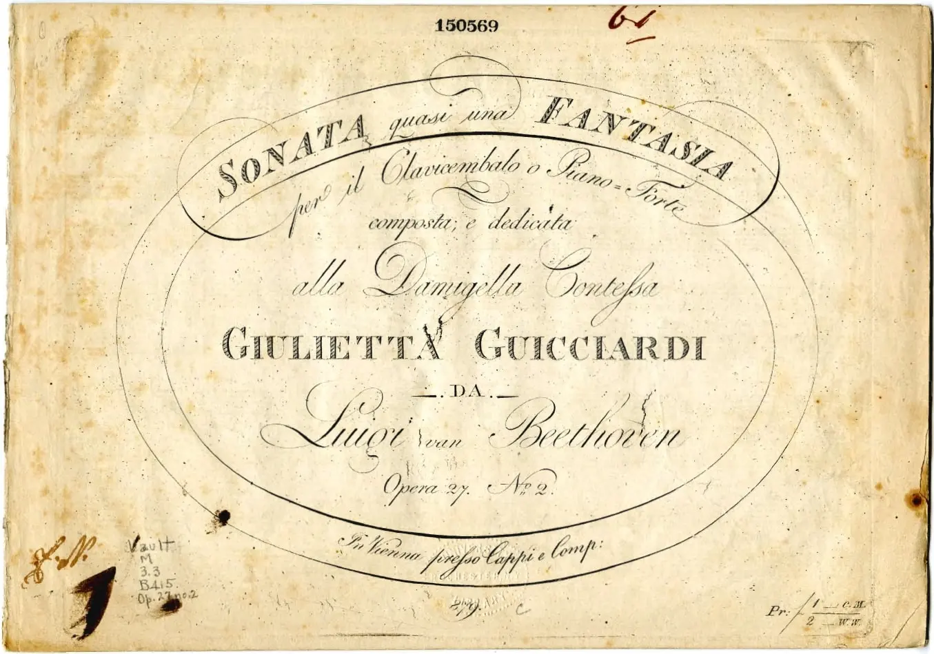 Title page of an old score, with the Italian title printed in ornate lettering