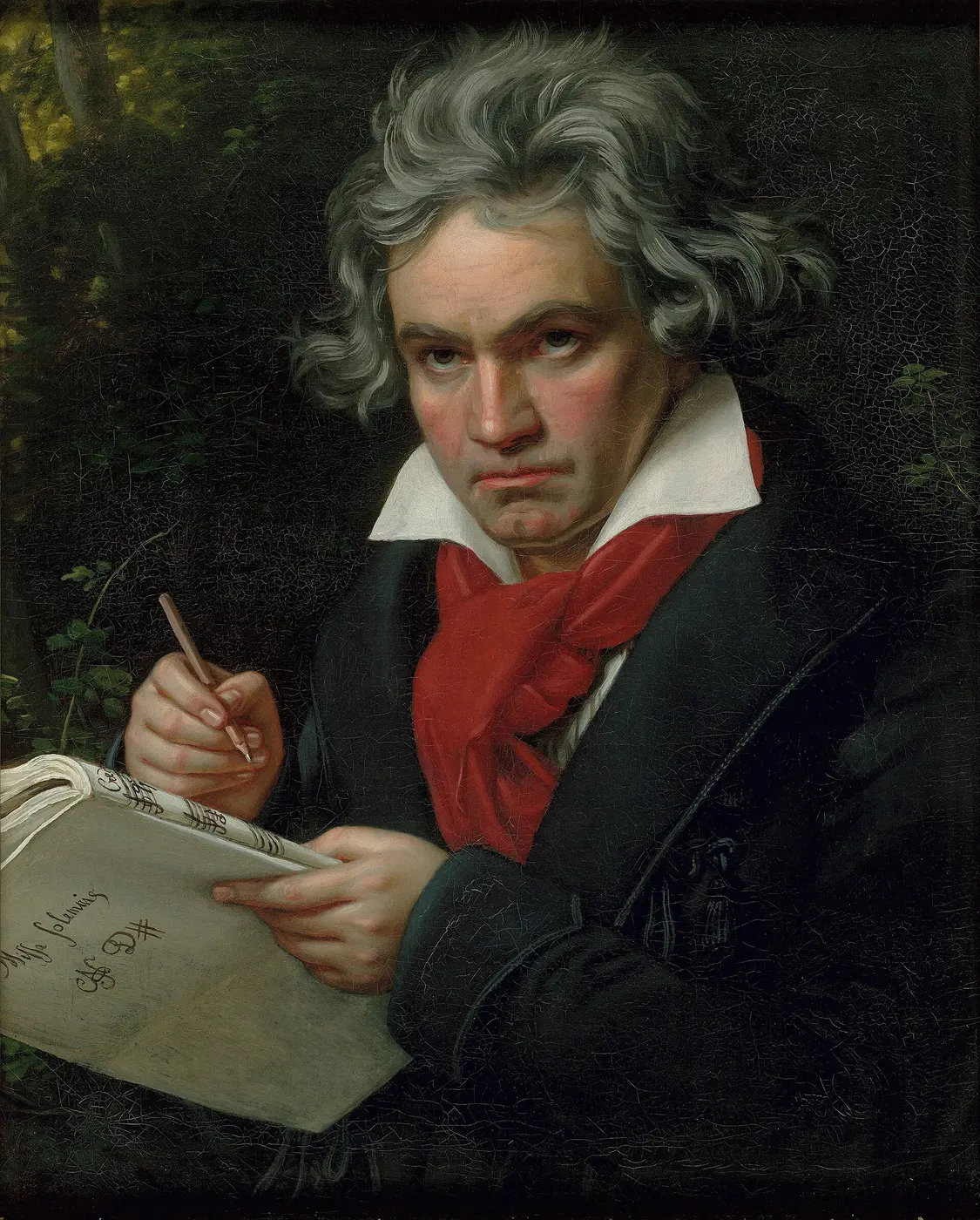 Portrait of Beethoven wearing a red scarf and holding a music manuscript