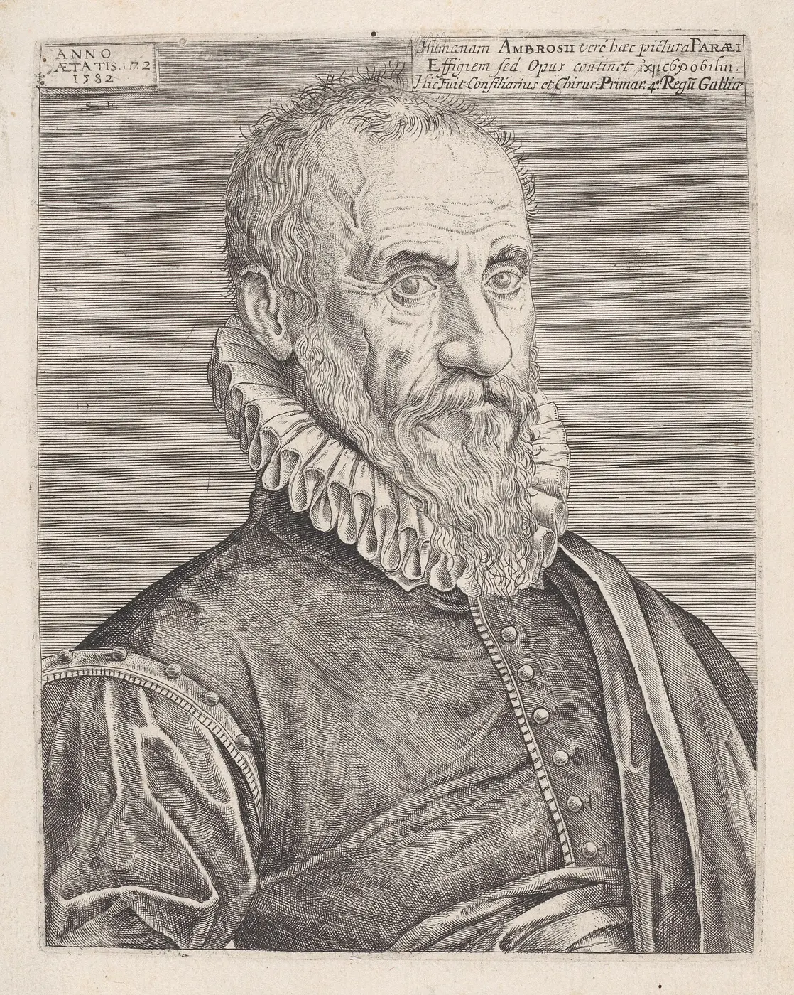 An engraved portrait of an elderly man with a long beard and a ruffled collar