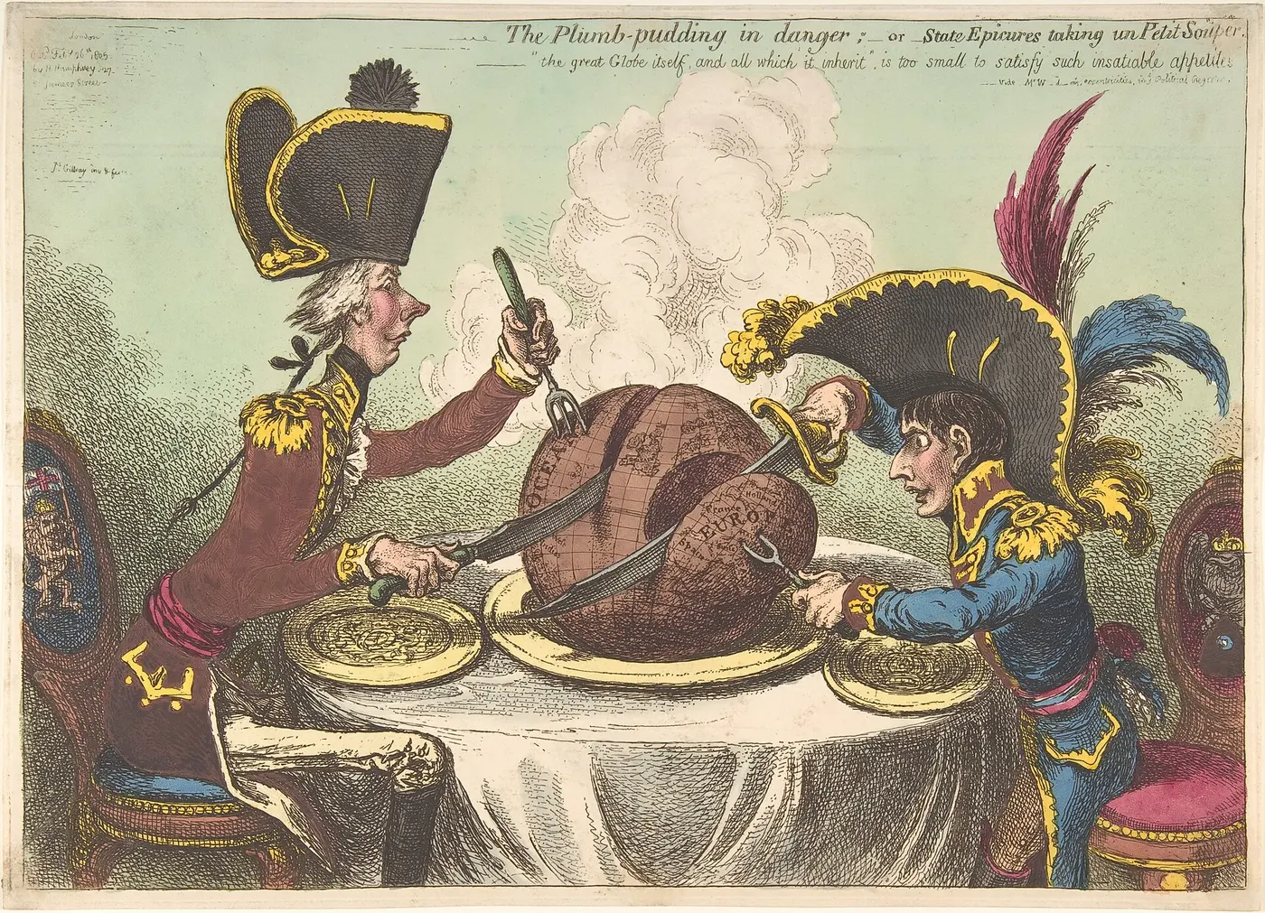 A cartoon of British prime minister Pitt and a small Napoleon carving up a globe-shaped pudding with knives and forks