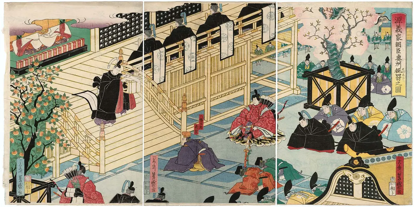 A brightly colored three-panel ukiyo-e print of warriors and courtiers gathered in a palace courtyard