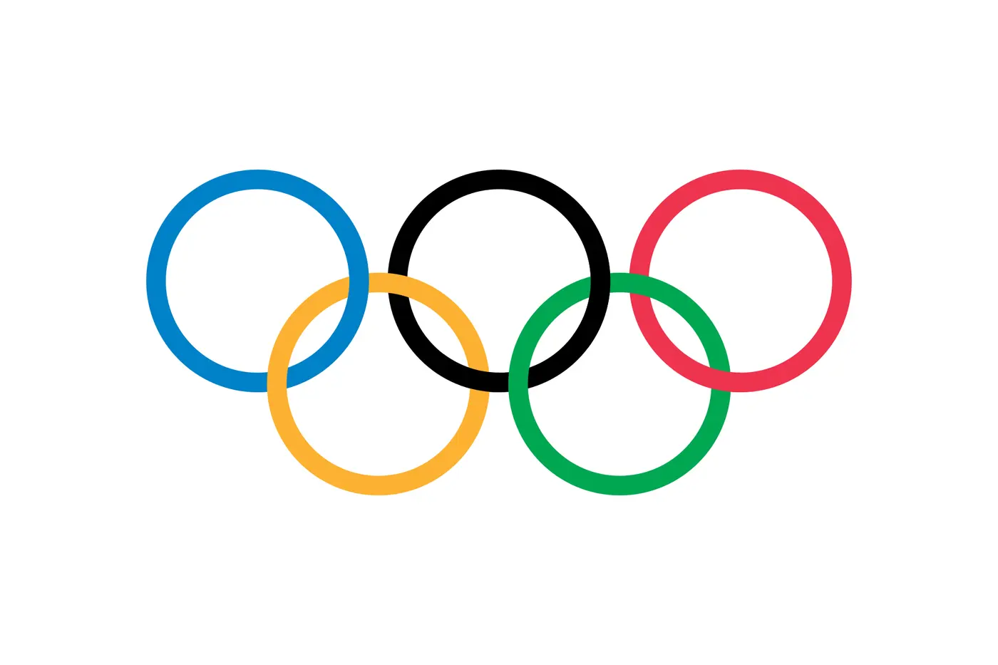 Diagram of the Olympic flag: five interlocking rings in blue, yellow, black, green and red on a white field