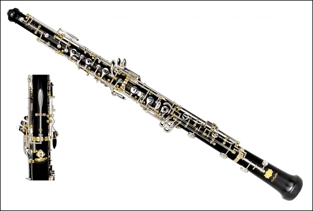 An oboe with a black body and rows of silver keys