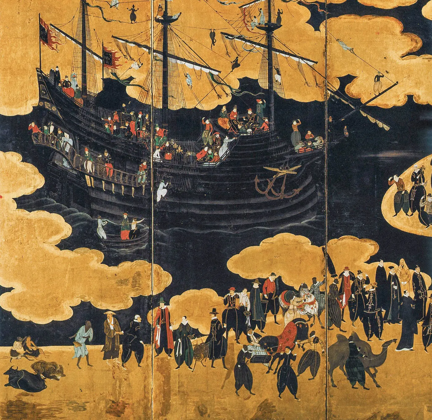 A folding screen showing a large Portuguese ship among golden clouds and Portuguese people who have come ashore on the beach