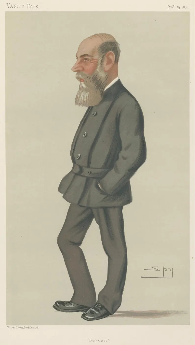 A caricature of a bearded man in profile, standing with his hands in his pockets