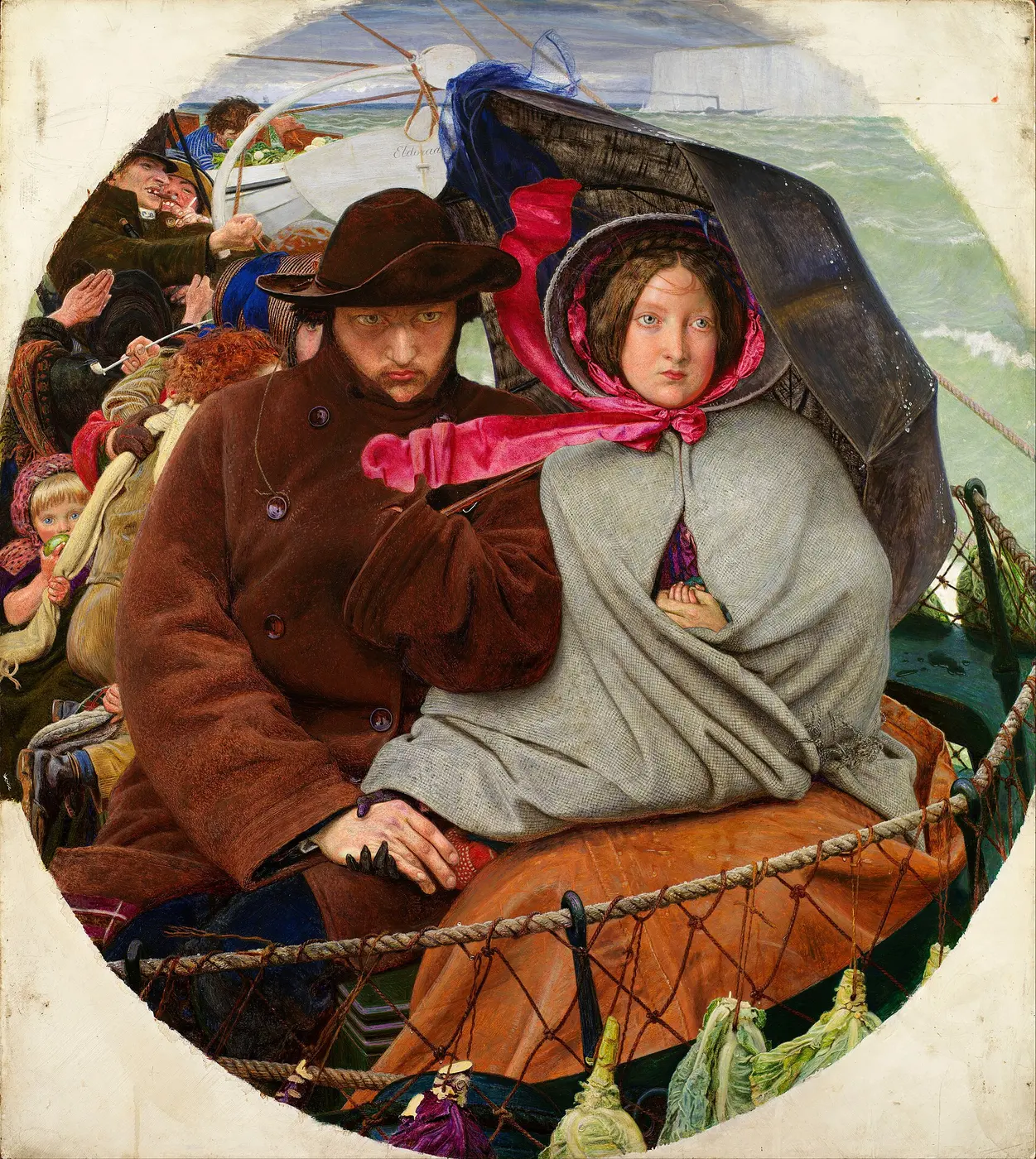A circular painting of a man and woman huddled together on a ship crossing rough seas