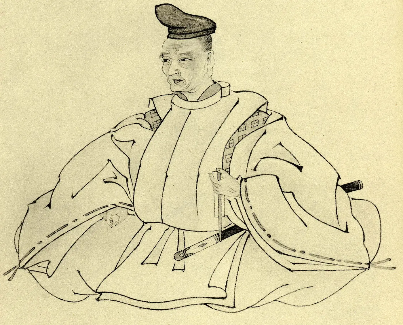 A line drawing of an elderly man seated in loose robes with a sword at his waist and a cap on his head
