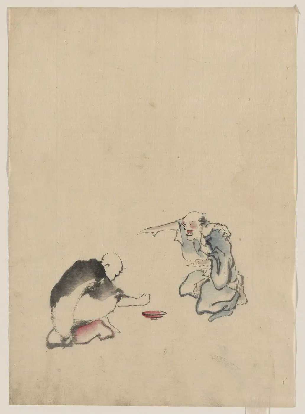 A pale ink-and-color drawing of one man crouching over a small red bowl on the floor while another sits watching
