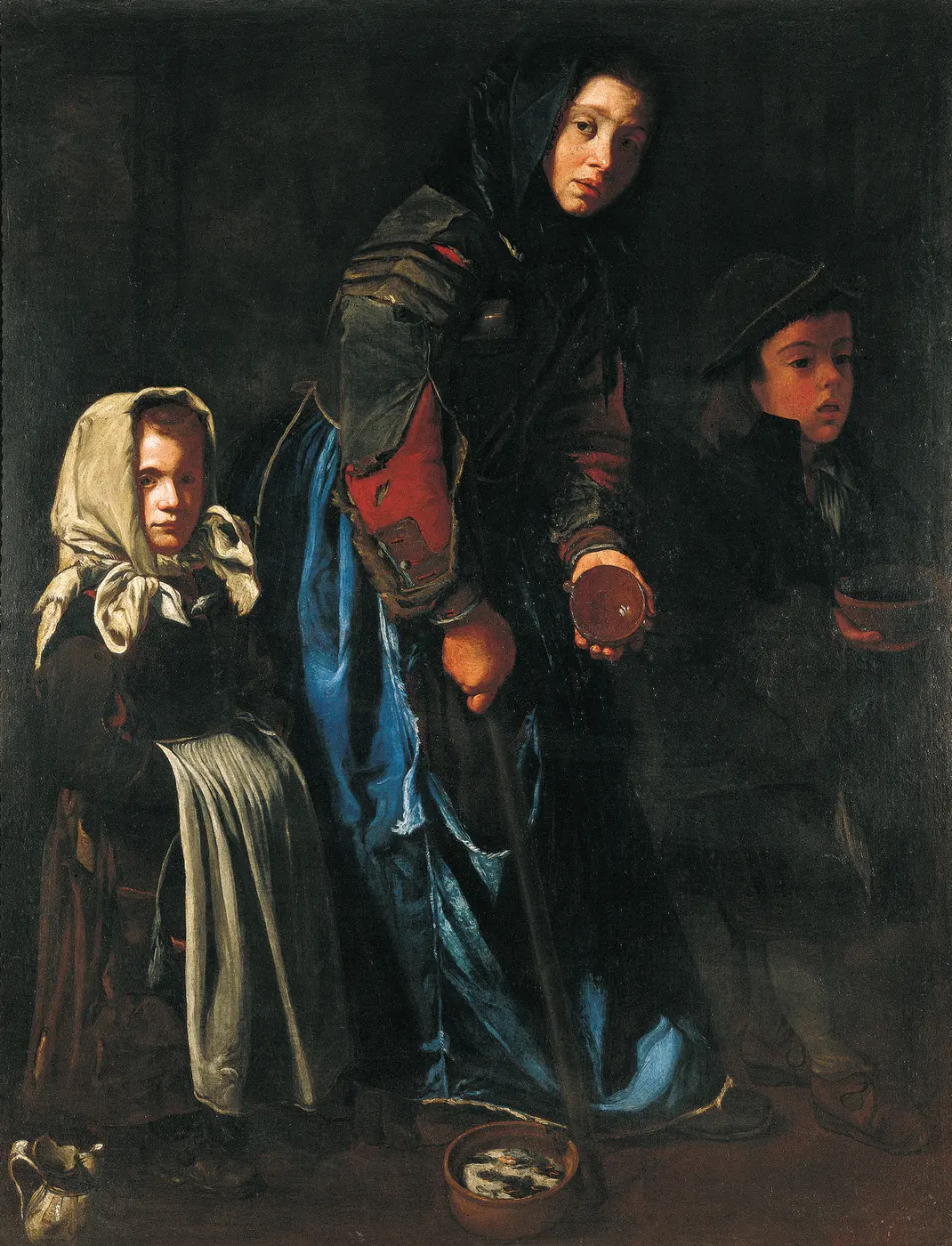 An oil painting of a woman in a blue fabric skirt standing with two children against a dark background