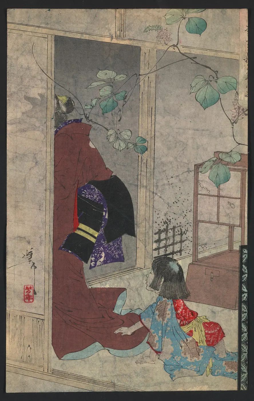 A woodblock print of a woman in a kimono standing with her back turned on a veranda twined with kudzu vines, a child clinging at her feet, and the shadow of a fox on the paper screen