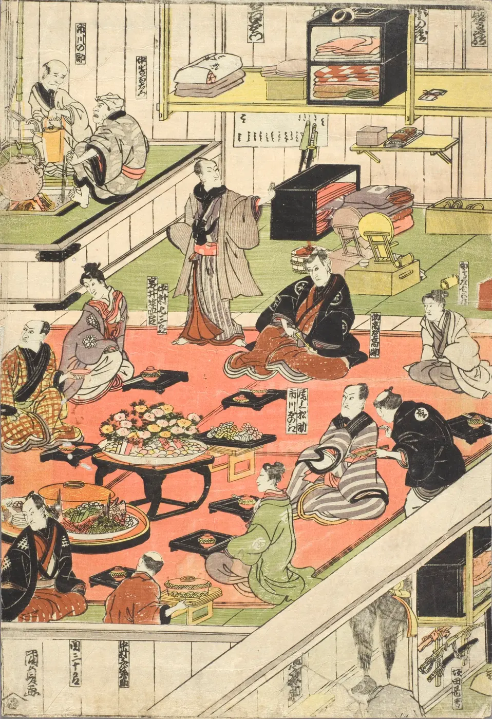 A woodblock print of actors and stagehands in a theater dressing room, gathered around trays of food and chatting