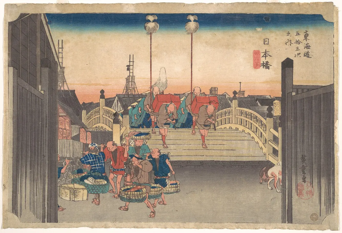 A woodblock print of a feudal lord’s procession crossing Nihonbashi bridge under a dawn sky, with fish sellers bustling in the foreground