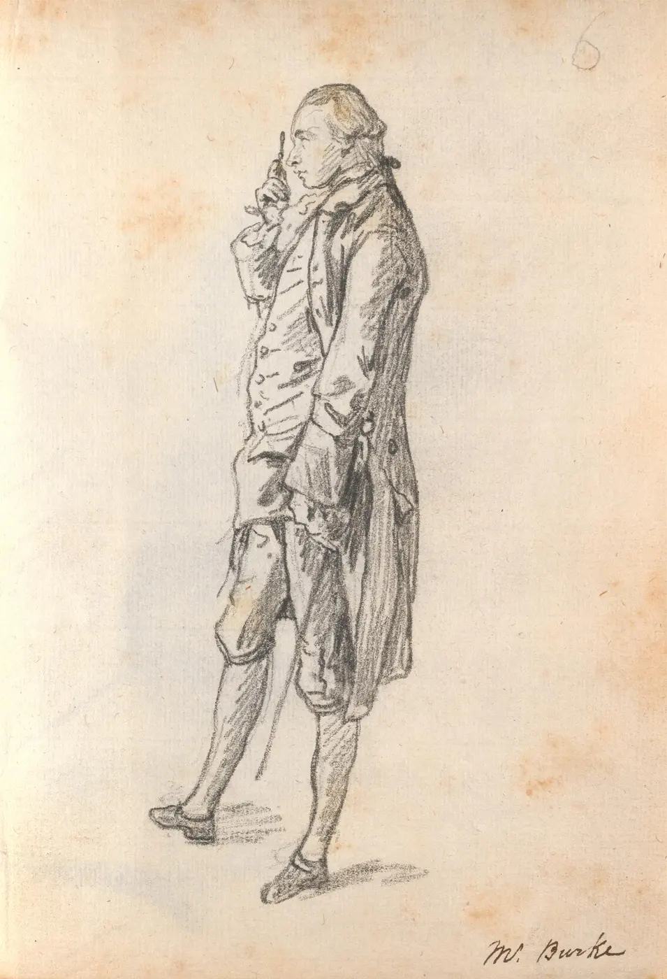 A sketch of a man in 18th-century dress, standing in profile and holding a small eyeglass up to his eye