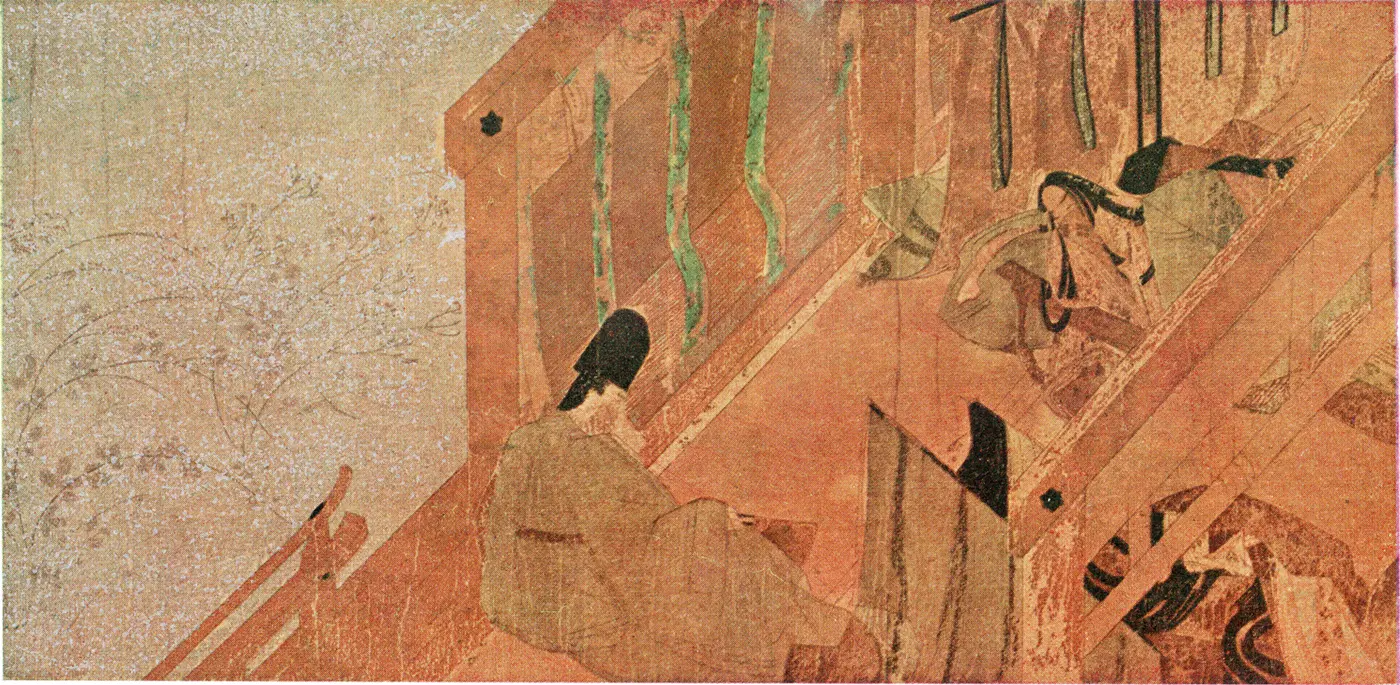 A Heian-period picture scroll viewed from above at an angle, showing a nobleman seated on a palace veranda and people inside the rooms