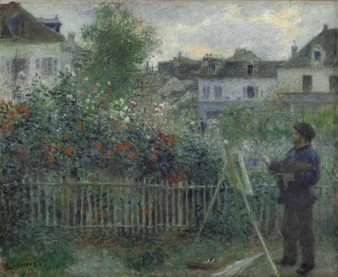 An oil painting of a man in a hat standing at an easel with a palette in hand, painting in front of a fence and a garden full of flowers