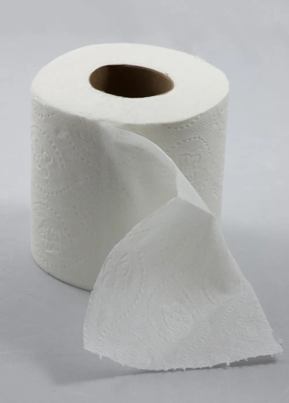 A roll of white toilet paper with the end of the paper hanging down in front