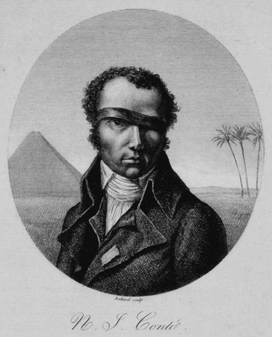 Engraved portrait of a man wearing a patch over his left eye, with a pyramid and palm trees in the background