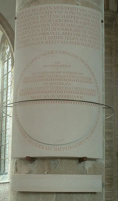 A white memorial plaque mounted on a stone church pillar, with Dutch text above a long string of digits carved in a circle