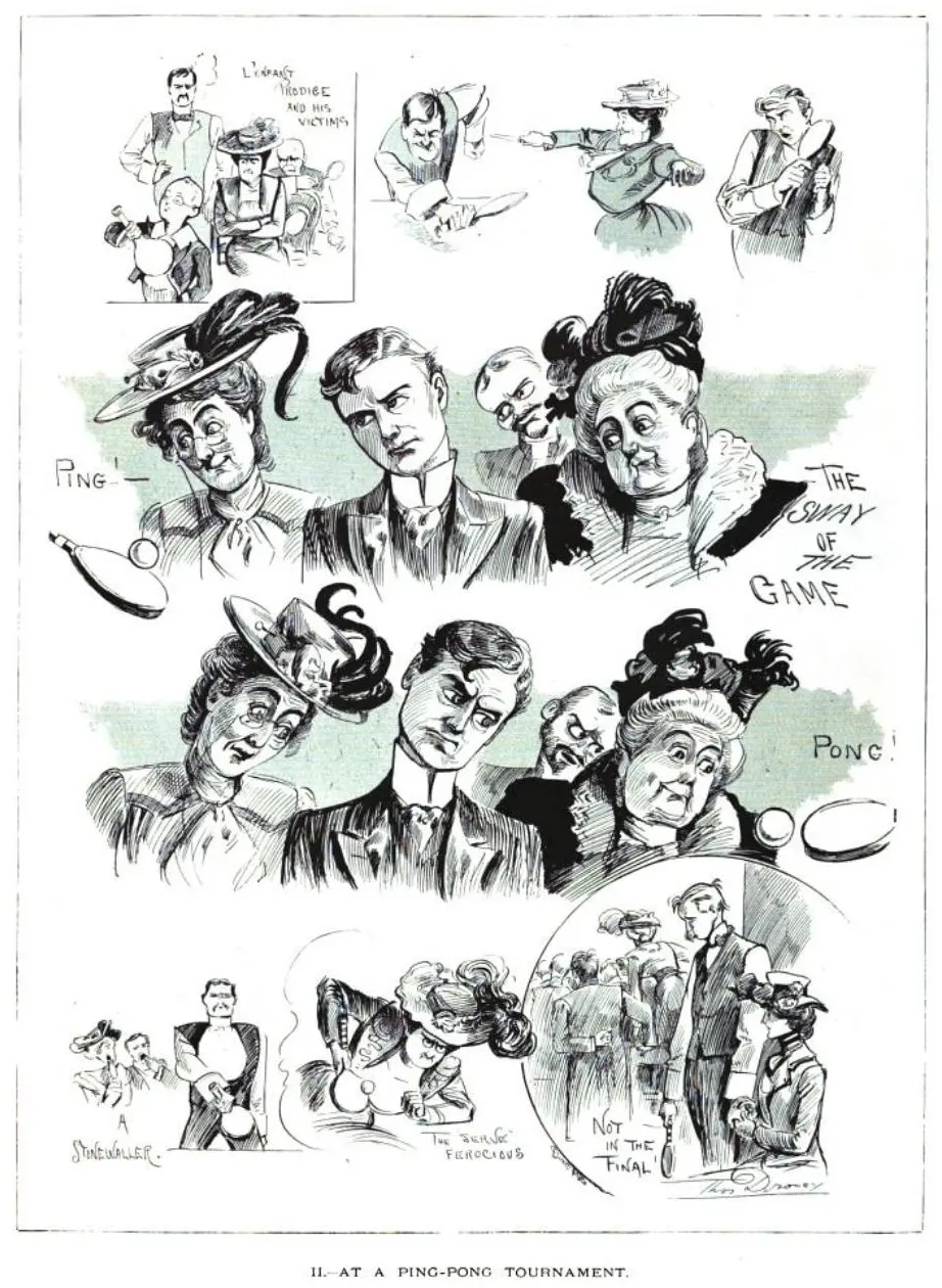 Black-and-white illustration from 1902 of spectators at a ping-pong tournament, all turning their heads to follow the ball