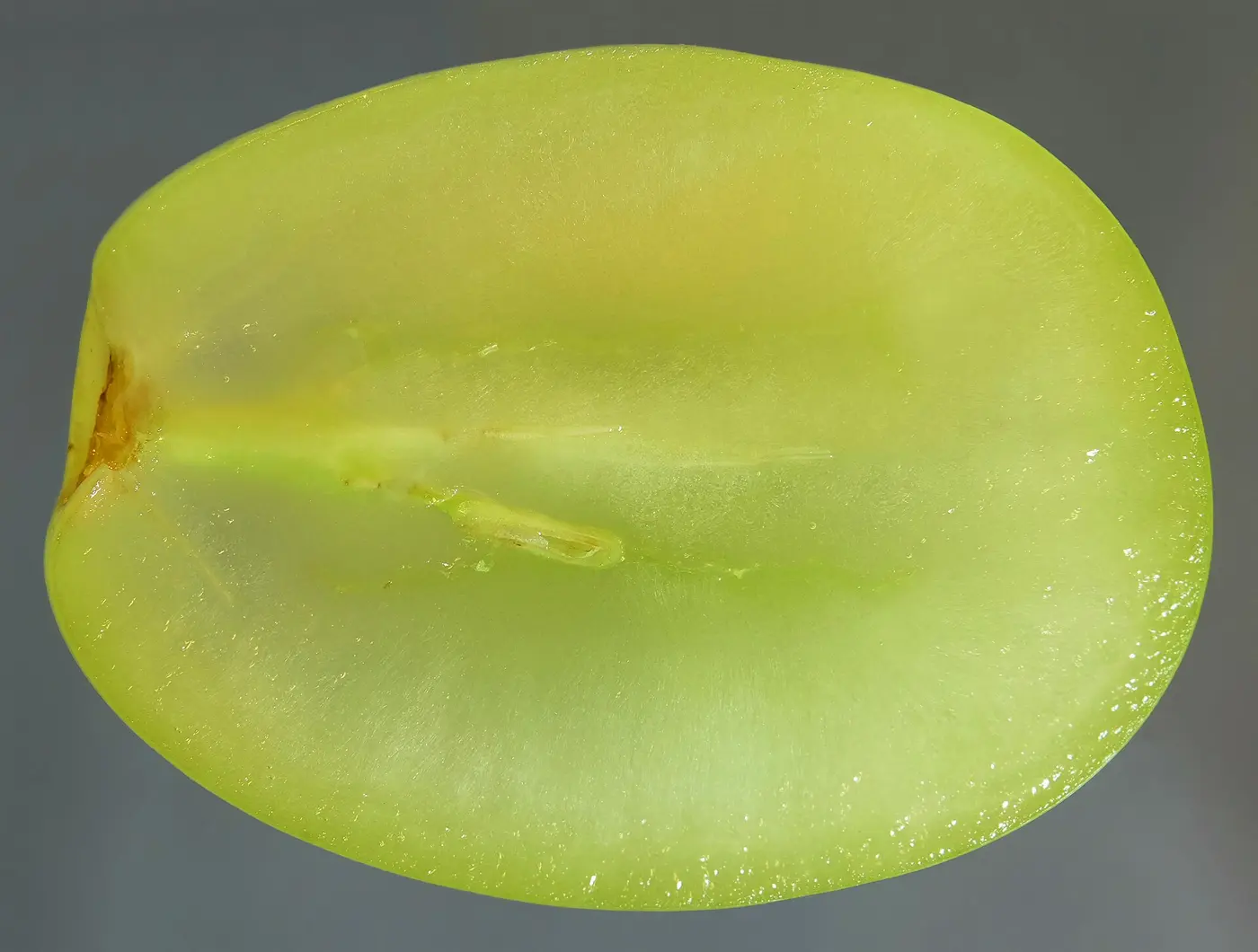 A yellow-green grape cut lengthwise, with a tiny, slender seed trace in the center