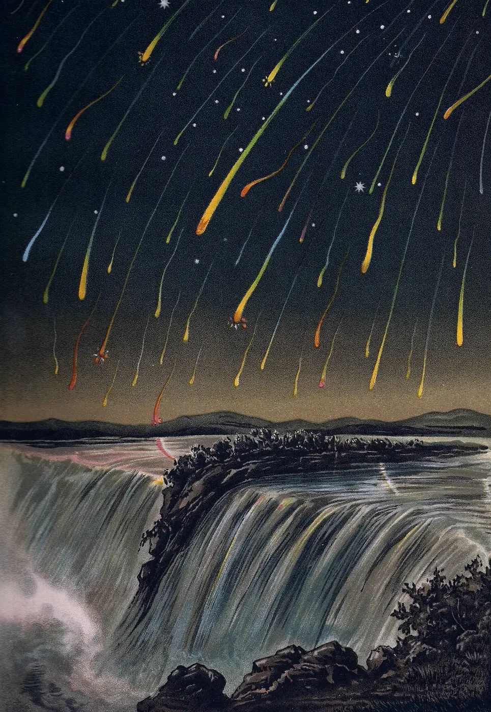 An old print showing countless multicolored shooting stars pouring down from the night sky above a waterfall