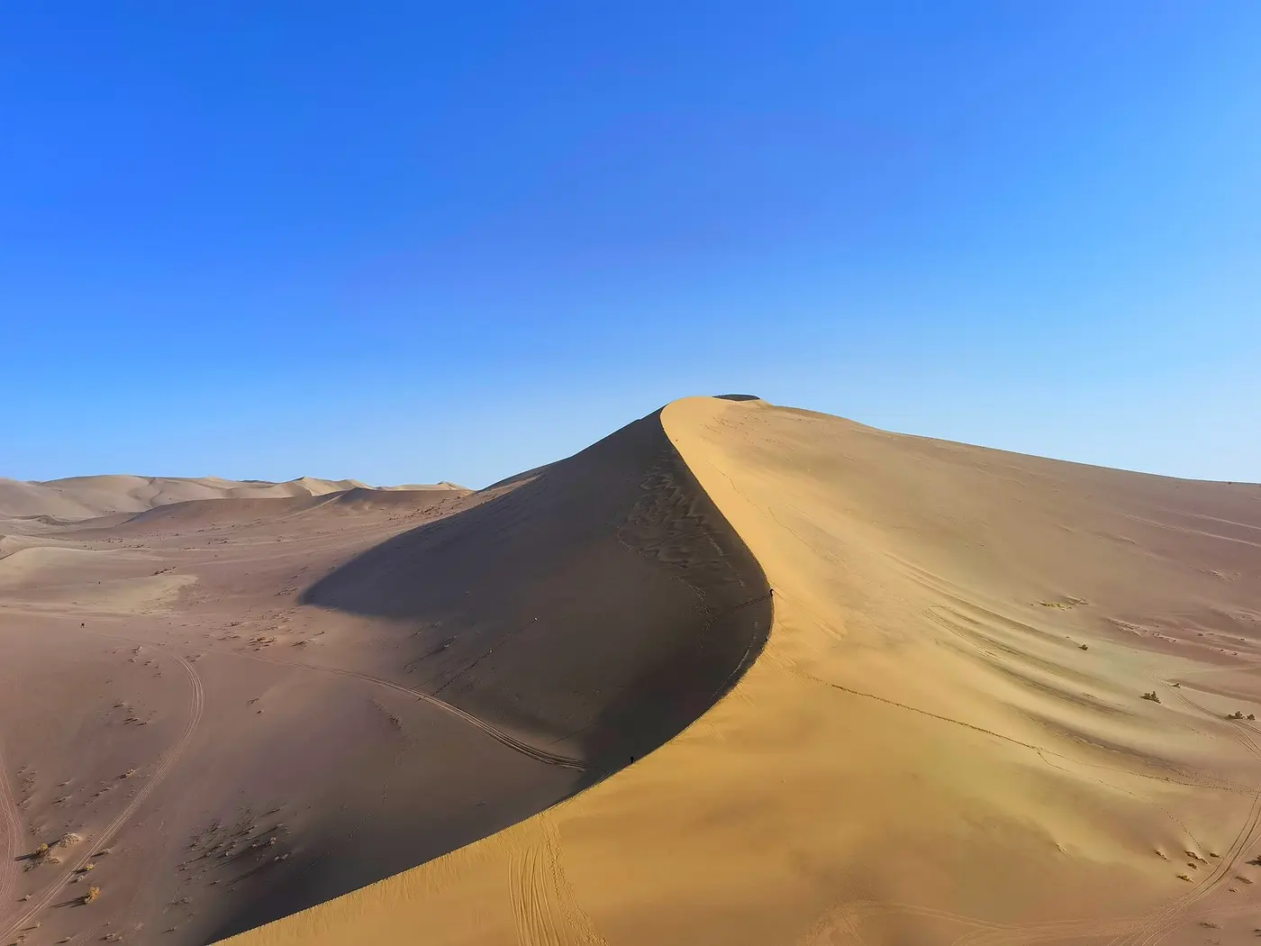 A huge dune with a sharp crest rising under a blue sky, with more dunes stretching around it