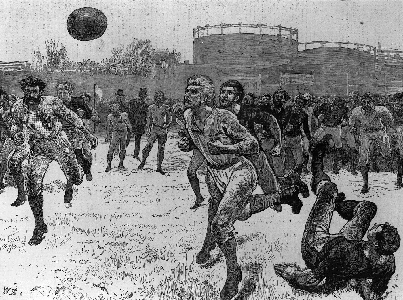 An old black-and-white engraving of a crowd of players running after a ball