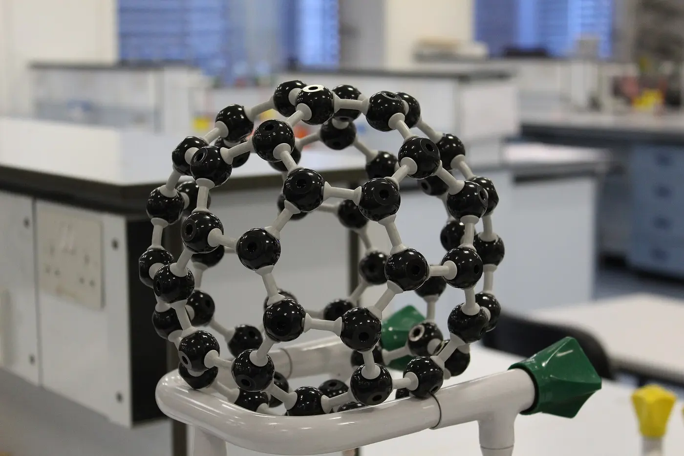 A molecular model of fullerene C60, with 60 carbon atoms linked in the shape of a soccer ball