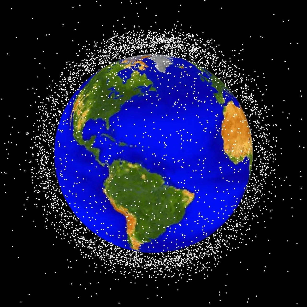 A computer graphic of a blue Earth surrounded by countless white dots forming a cloud