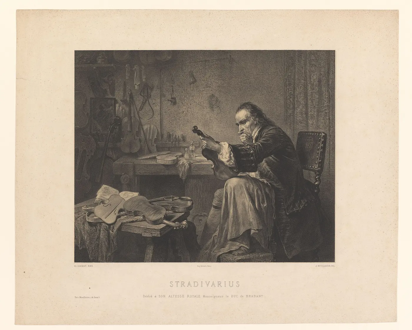 A print of an elderly craftsman studying a violin in his hands, in a workshop lined with instruments and tools