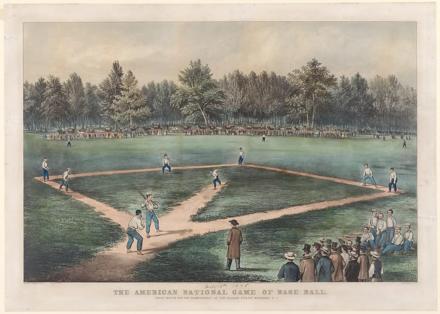 Colored print of a baseball game on a broad field by a river, watched by a large crowd