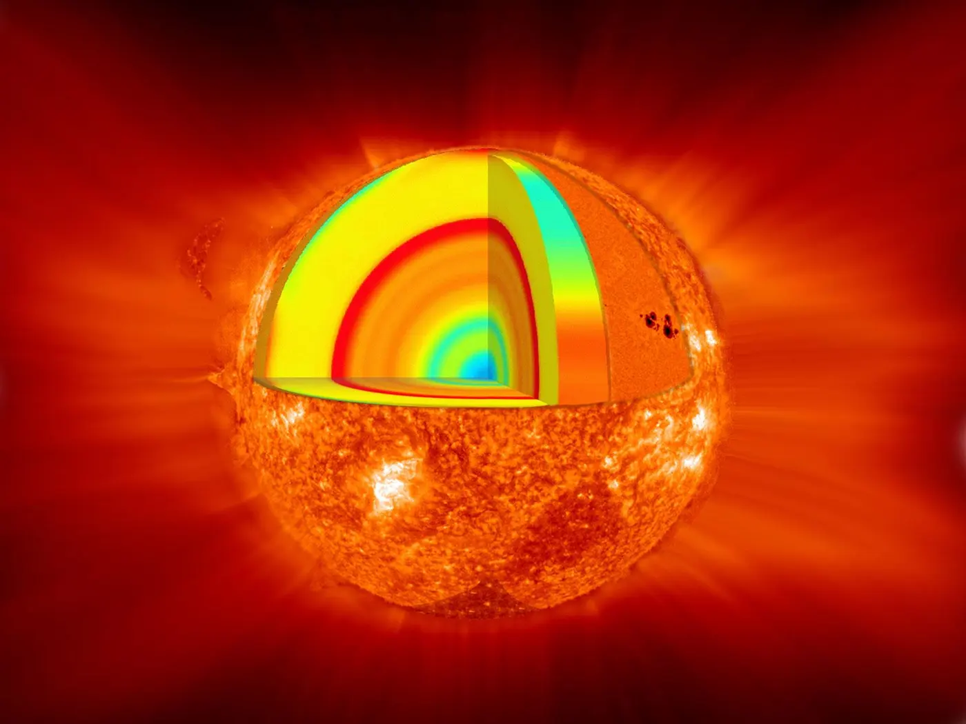 An illustration of a glowing red Sun with a section cut away to reveal its layered interior