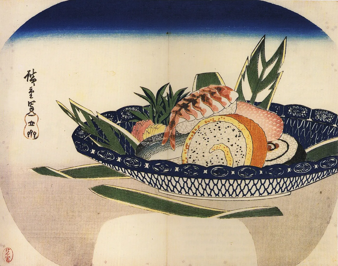 A woodblock print of sushi, including shrimp nigiri, egg rolls and seaweed rolls, piled in a bowl with a blue pattern