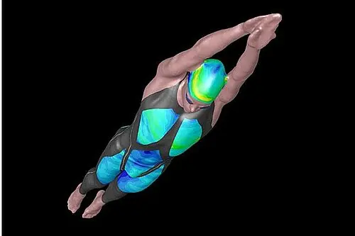 A computer image of a swimmer stretching forward against a black background, the full-body suit shaded in blue and green