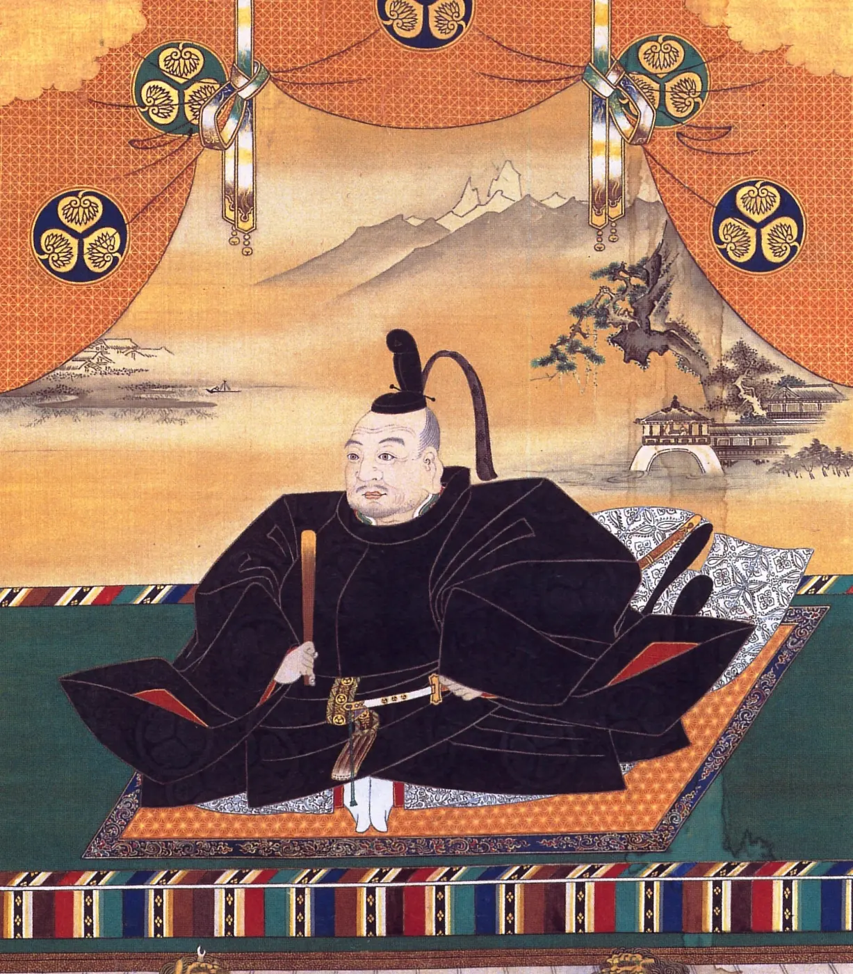A portrait of a stout man in black court robes and a tall cap, seated facing forward beneath hanging curtains