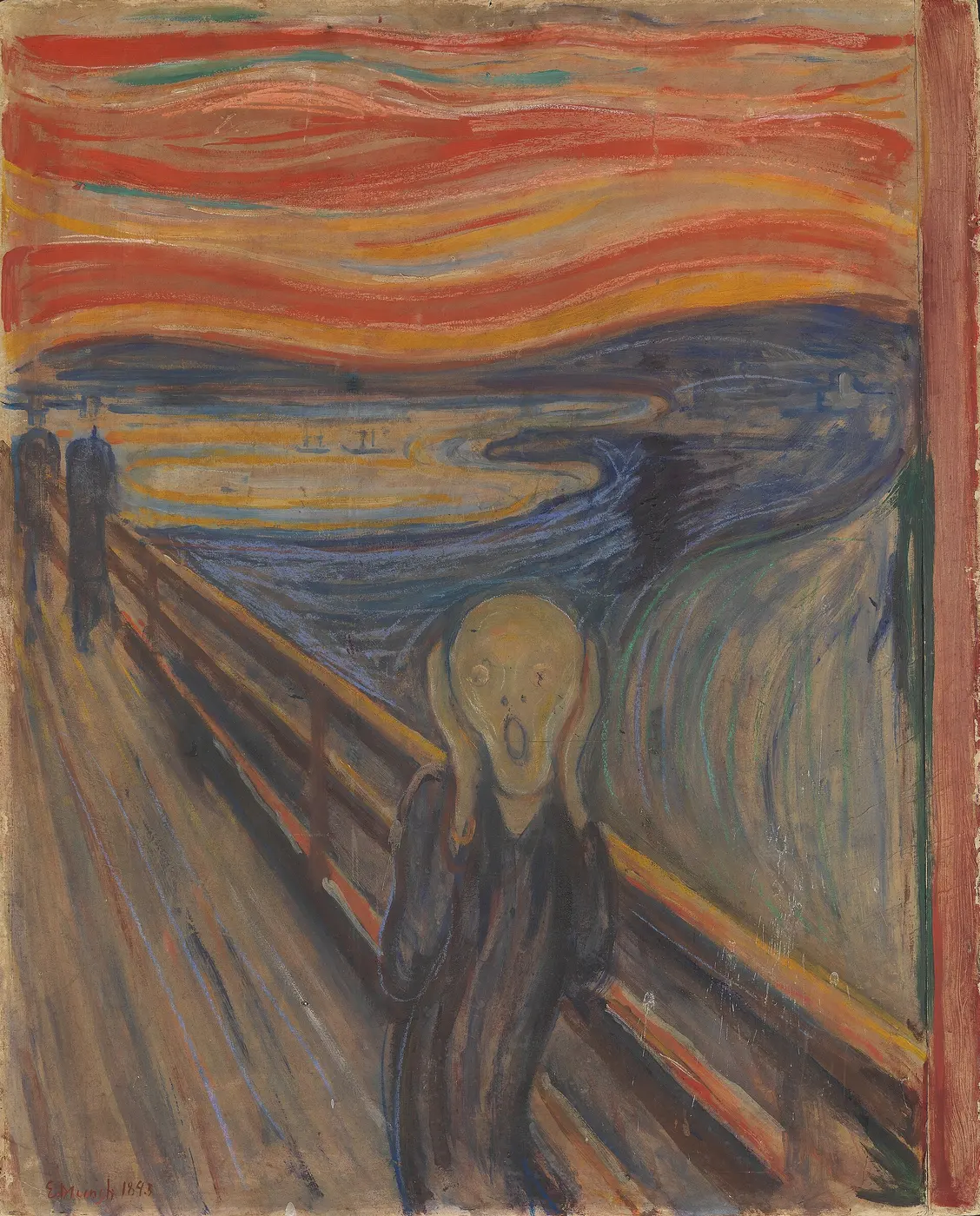 Painting of a figure pressing its hands to its face in front of a railing, against a swirling red sky and fjord