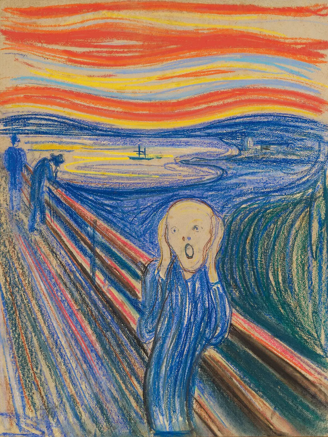 The Scream in blue and orange pastel; behind the figure covering its ears on a railed road, two figures walk away