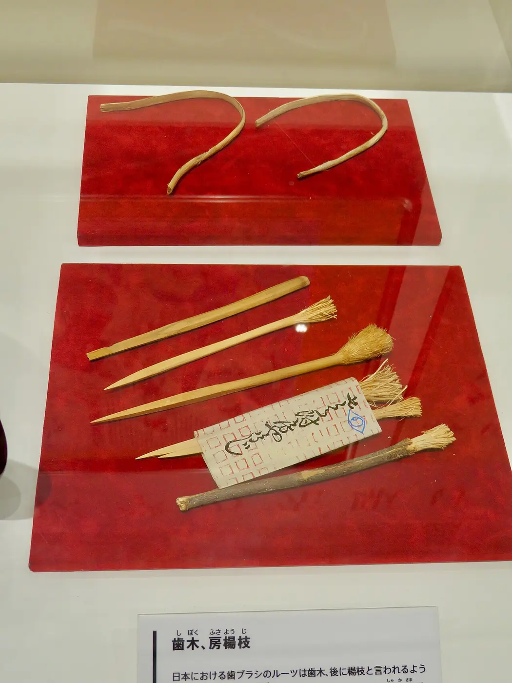 Thin curved twigs and wooden sticks with frayed, tufted tips displayed on red stands