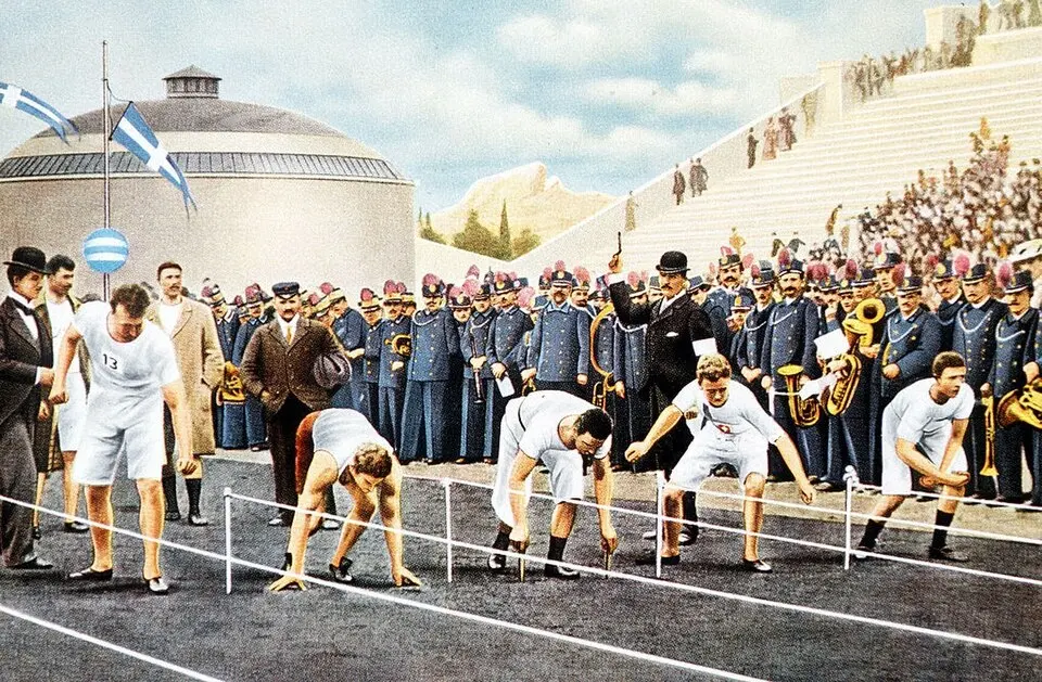 A colored illustration of runners crouched at the start line in a stadium, surrounded by crowds and a band