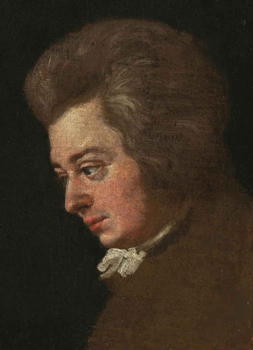 An oil portrait of a young man in profile, facing left and looking down, his hair swept back