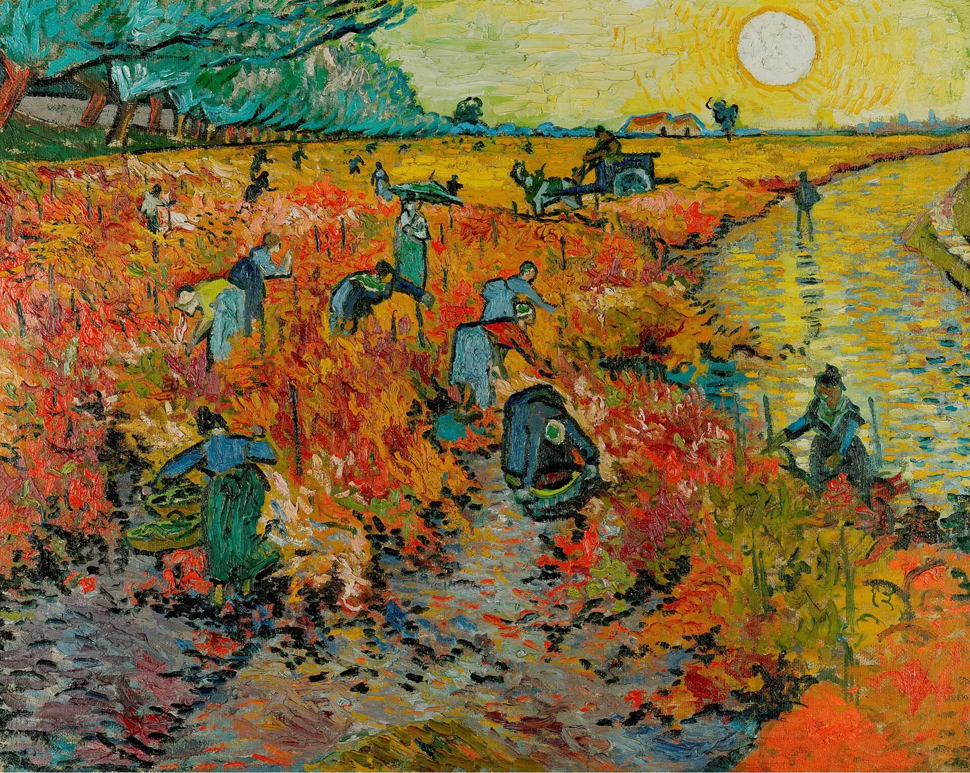 An oil painting of people picking grapes in a red field lit by the setting sun