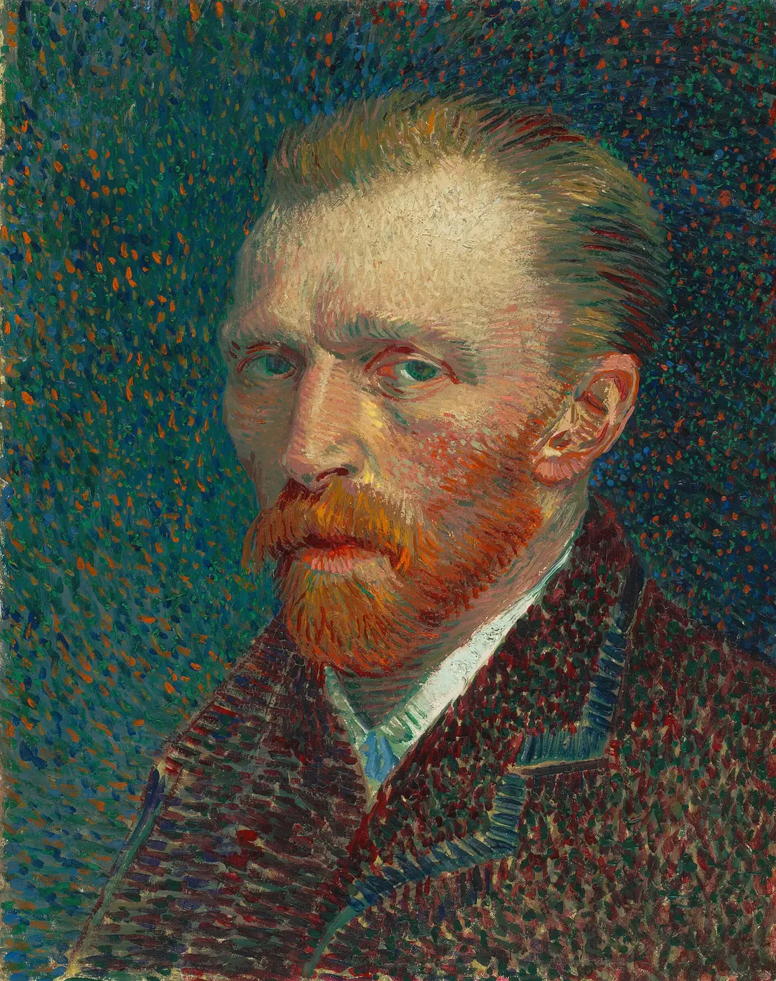 A self-portrait of a red-bearded man painted in small dots of color and short brushstrokes
