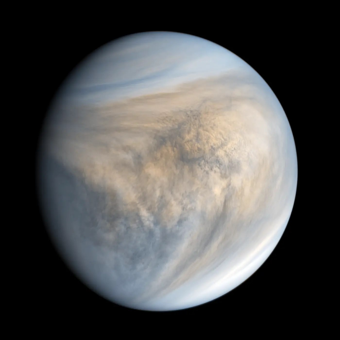 白と淡い茶色の雲の模様に覆われた金星の全体像