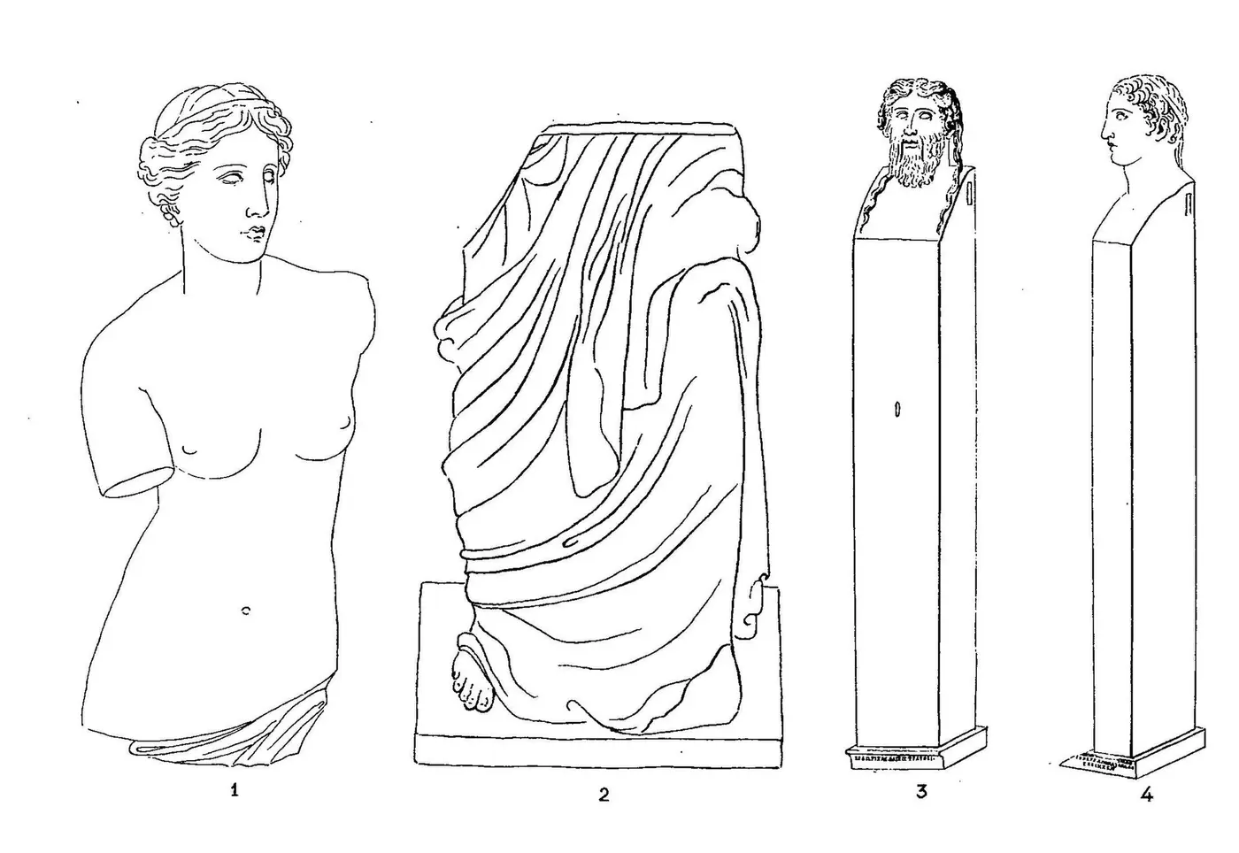 A line sketch of the armless upper half of a female statue, the draped lower half, and two pillar-like busts