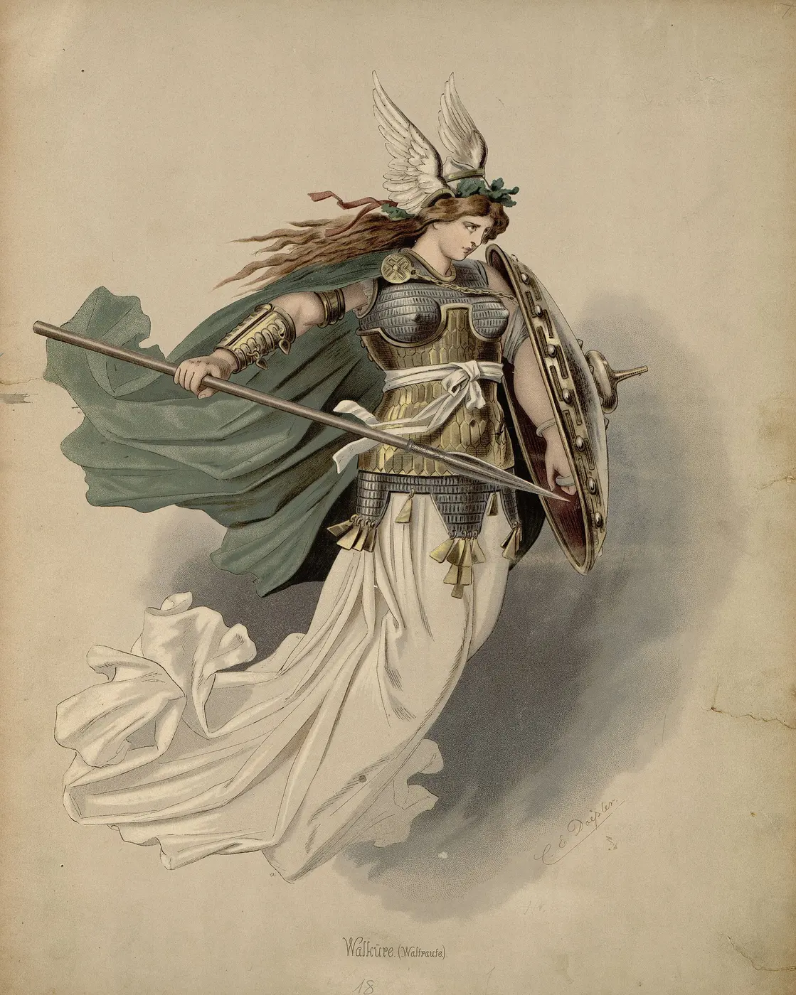 A costume design for a Valkyrie wearing a winged helmet and holding a spear and shield