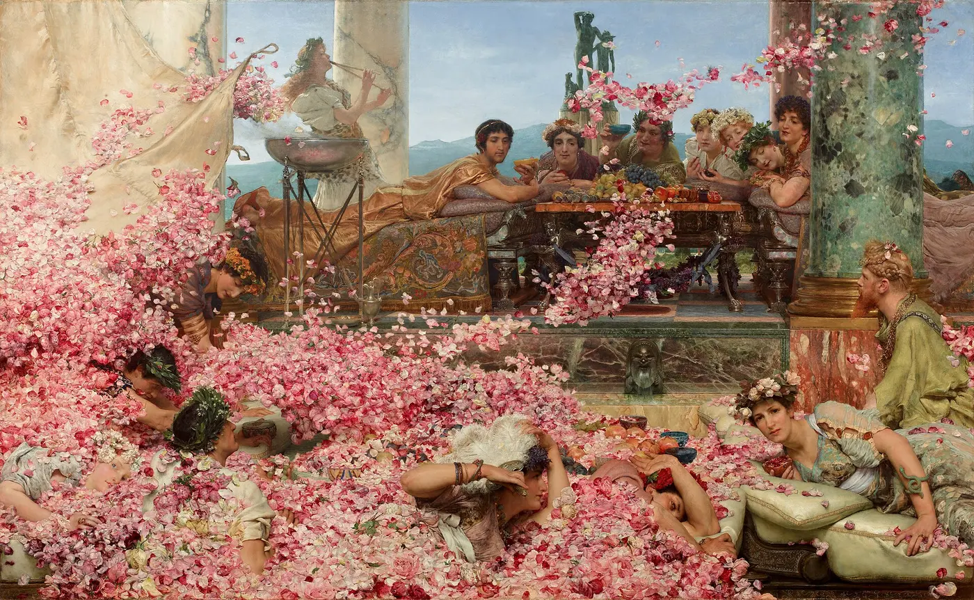 An oil painting of ancient Romans reclining at a feast while countless rose petals rain down on them