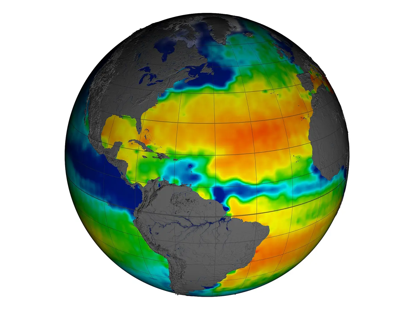A globe centered on the Atlantic Ocean, with the seas color-coded in red, orange, green and blue